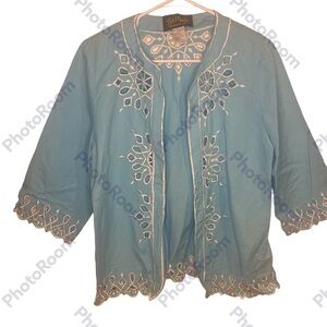 Bob Mackie Wearable Art Embroidered Cutout Aqua Linen Blend Open Front Jacket S